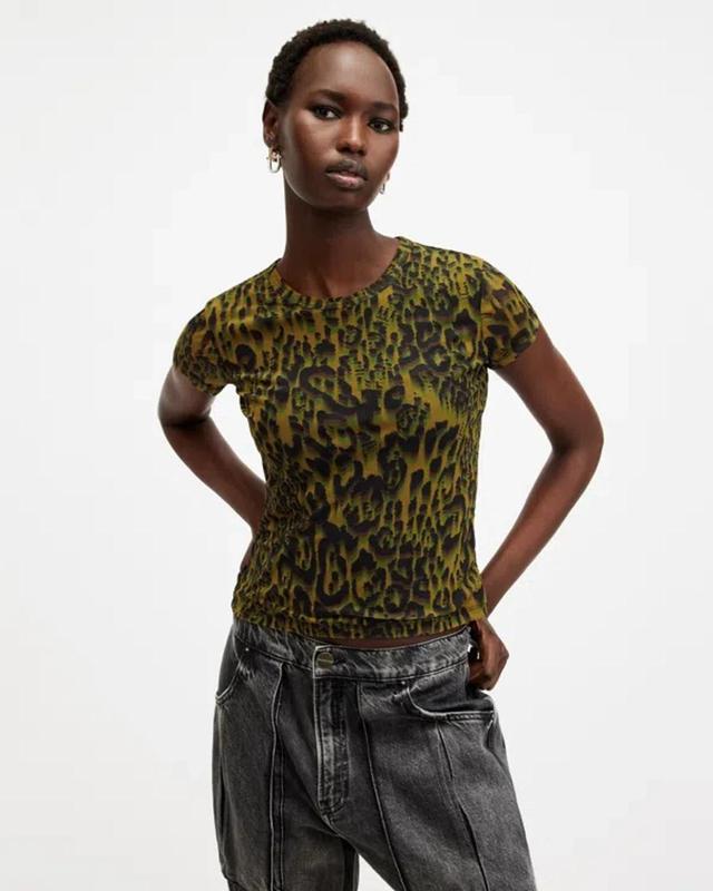 Ellie Mesh Leopard Print T-shirt In Teresa Khaki Green Product Image