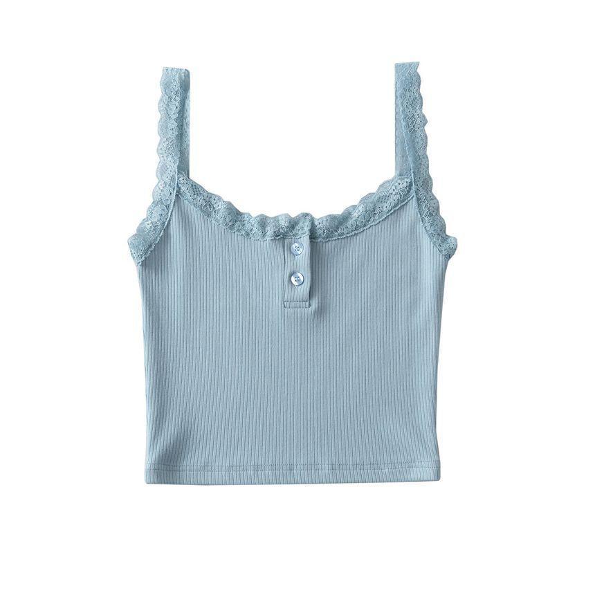 Henley Plain Lace Trim Crop Tank Top Product Image