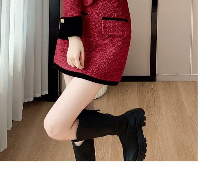 Set: Collared Panel Tweed Button Jacket + High Waist Mini A-Line Skirt Product Image