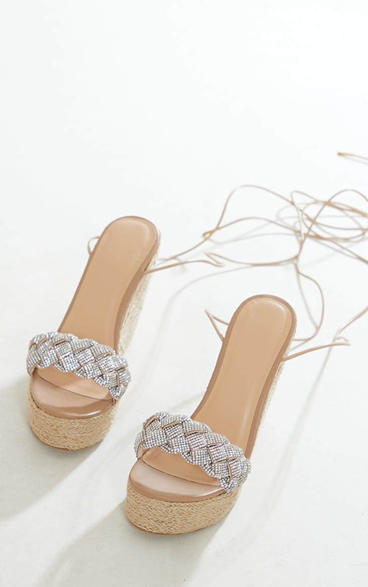 Silver Chunky Diamante Plait Strap Raffia Wedge Sandals Product Image