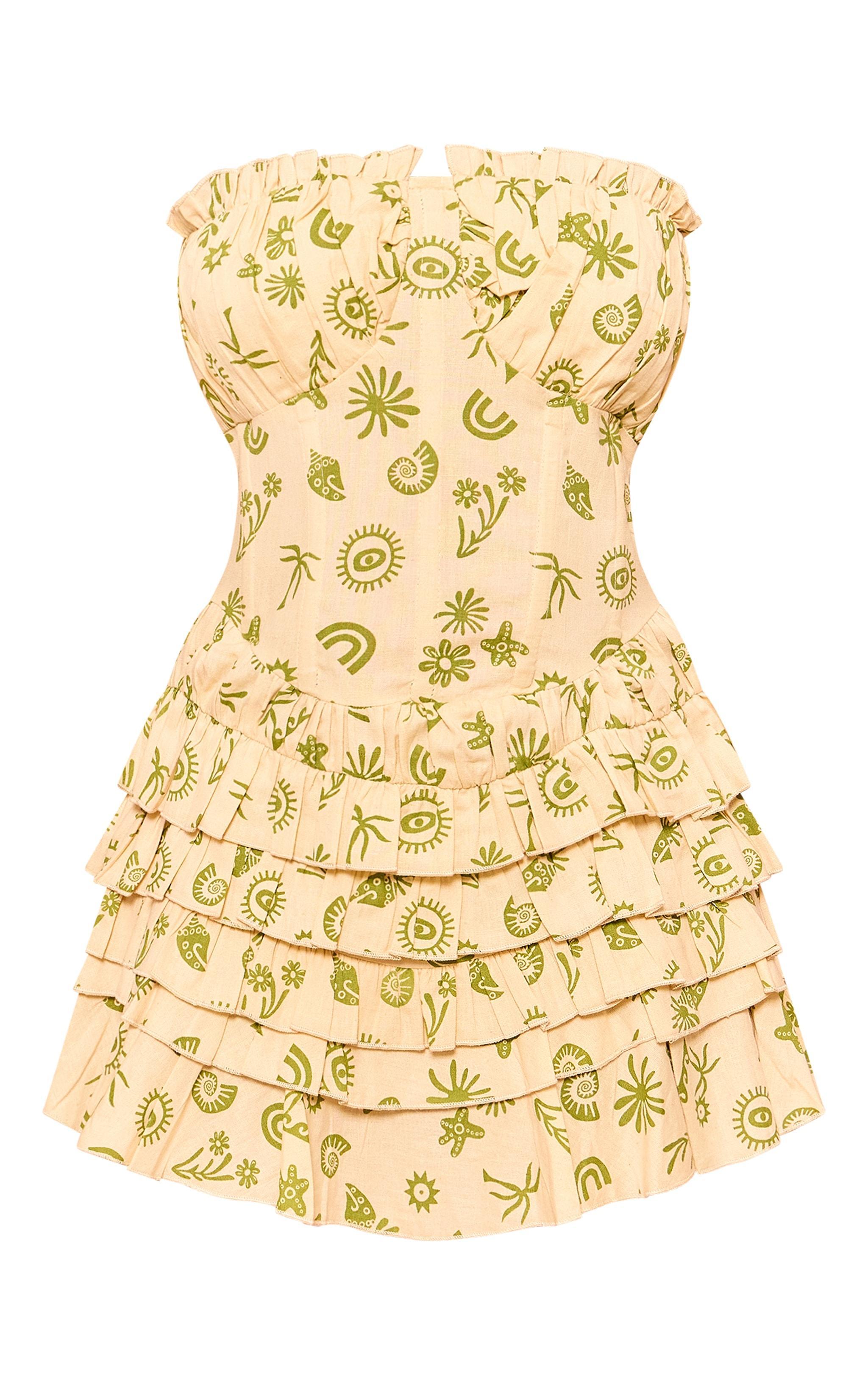 Petite Cream Printed Linen Look Tiered Ruffle Mini Dress Product Image