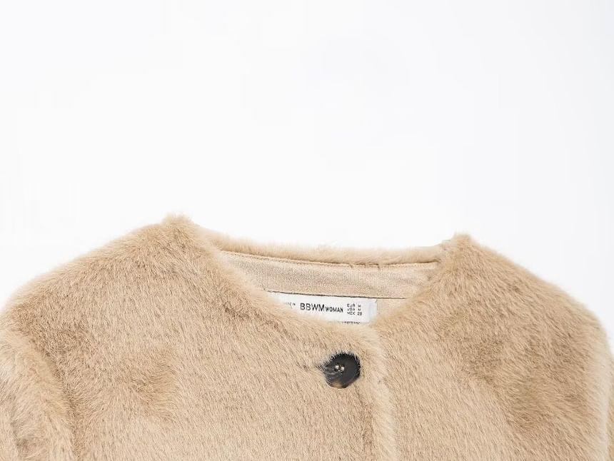 Round Neck Plain Fluffy Crop Button Jacket Product Image