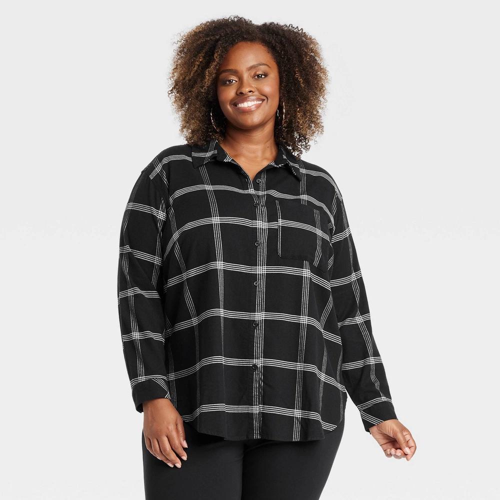 Womens Long Sleeve Flannel Button-Down Shirt - Ava & Viv Black Plaid 3X Product Image