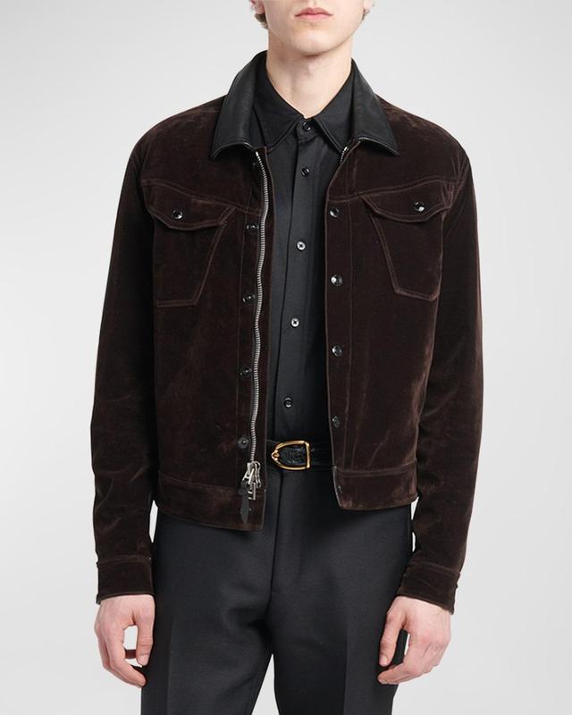 Mens Flocked Denim Western Jacket with Leather Collar Product Image