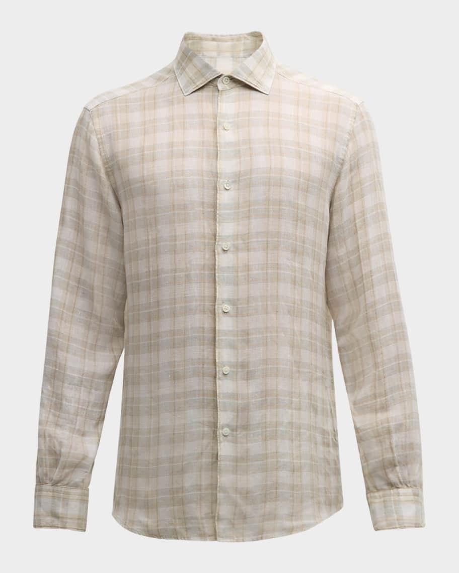 Men's Linen Check Casual Button-Down Shirt Product Image