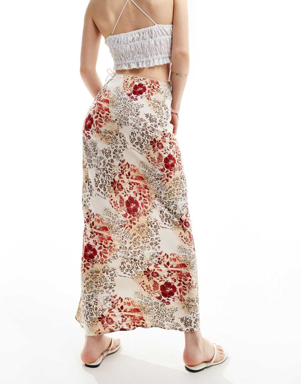 Miss Selfridge picot trim bias maxi skirt in patchwork print Product Image