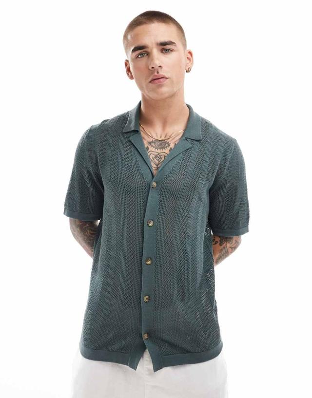 ONLY & SONS open knit shirt in teal Product Image