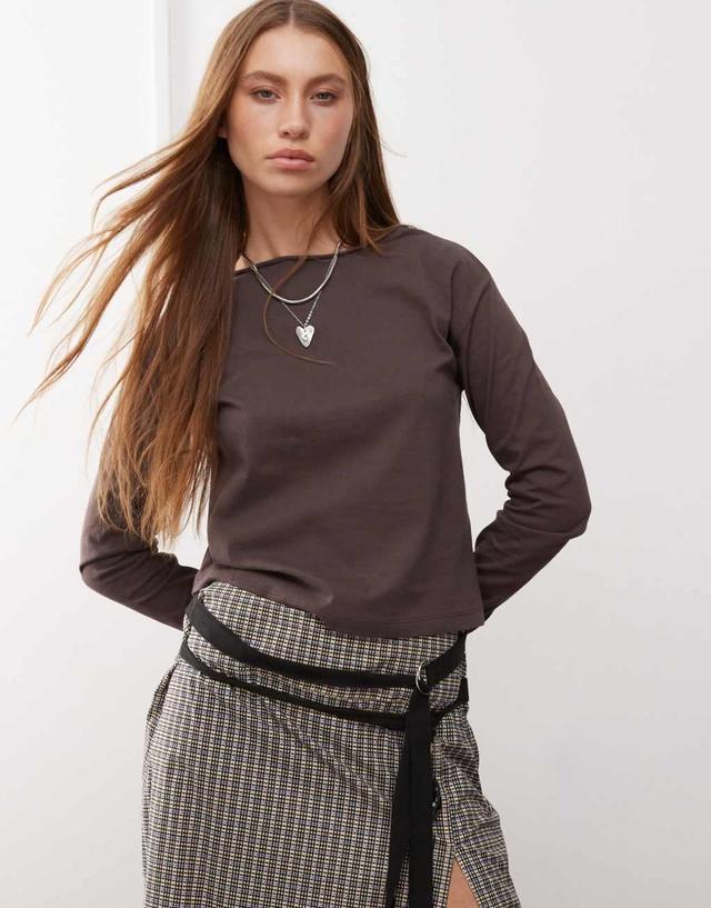 Reclaimed Vintage long sleeve slash neck t-shirt in chocolate brown Product Image