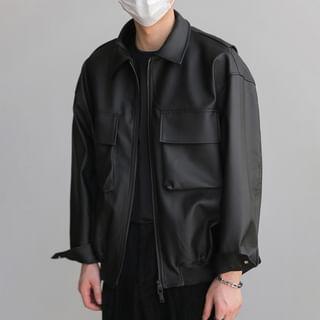 Faux Leather Collared Zip-Up Jacket Product Image