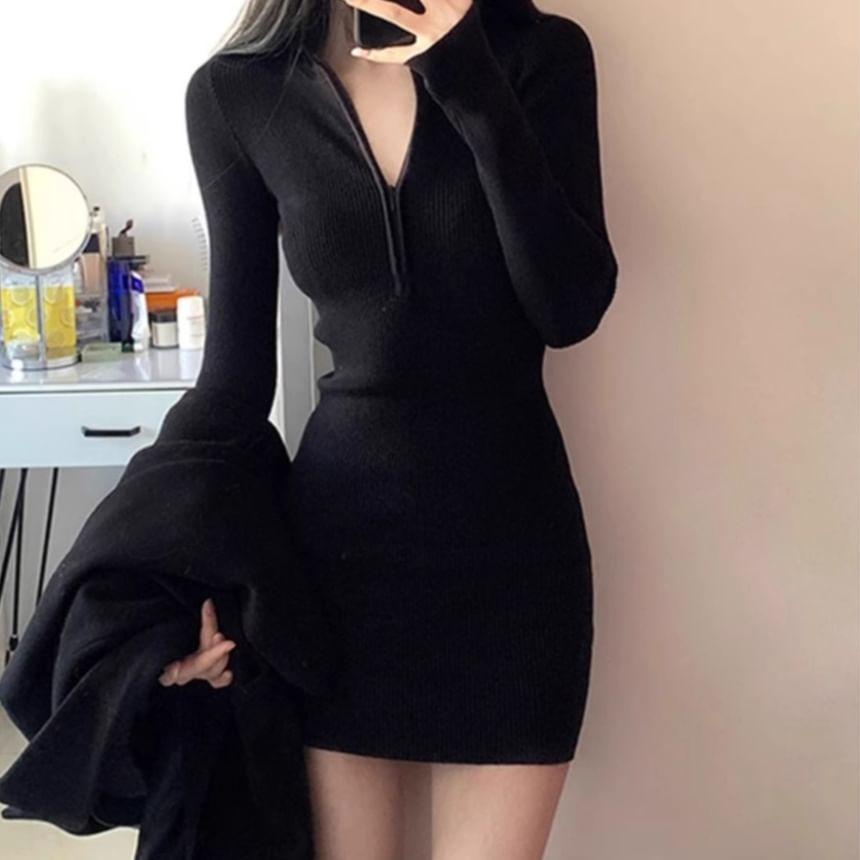 Long-Sleeve V-Neck Plain Knit Sheath Dress Product Image