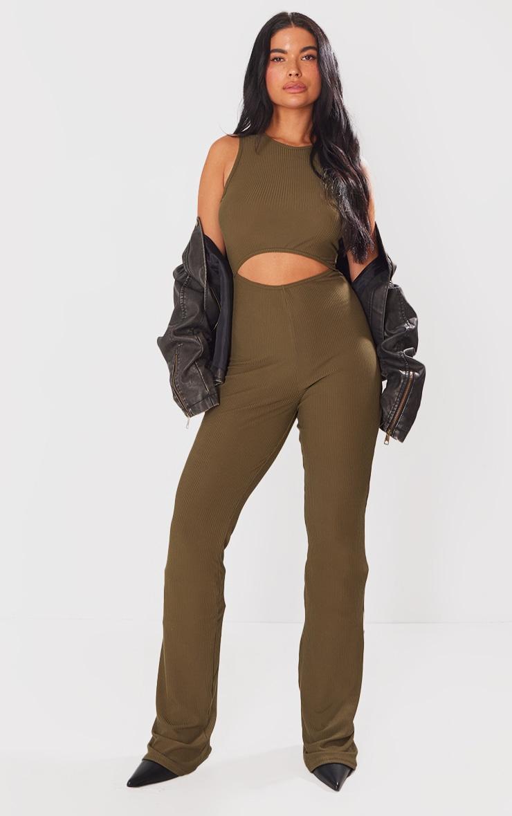 Khaki Ribbed Racer Cut Out Waist Jumpsuit Product Image