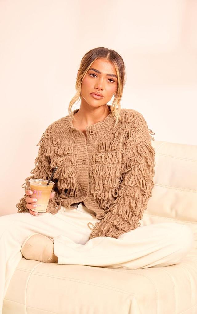 Taupe Loop Knit Crew Neck Button Up Cardigan Product Image