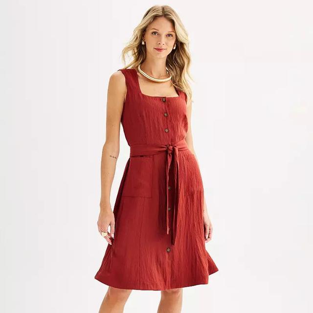 Womens Nine West Square Neck Ribbon Waist Midi Dress Product Image