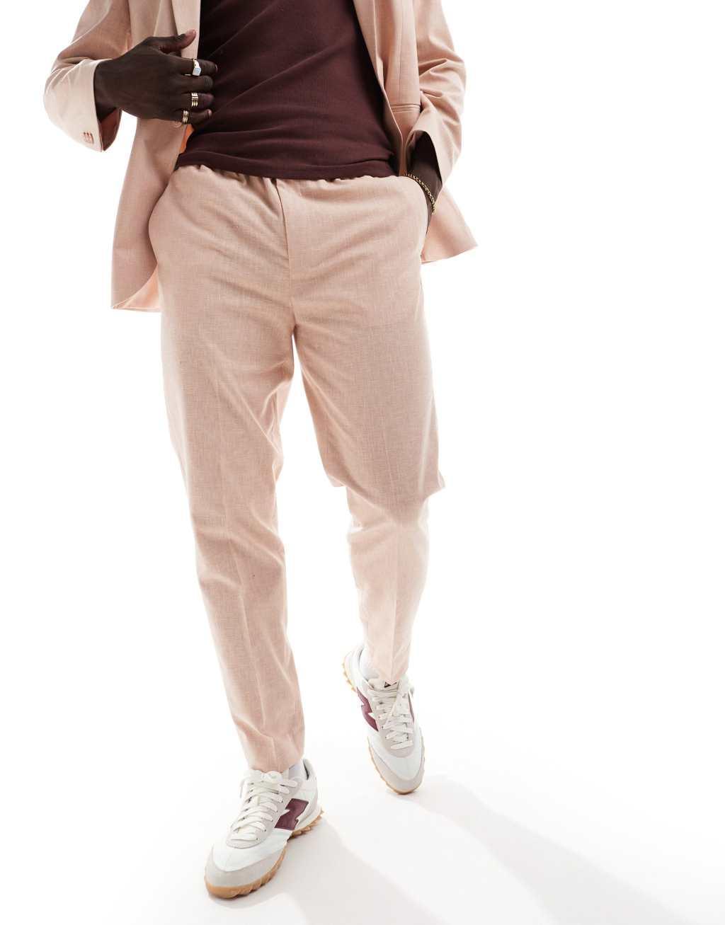 ASOS DESIGN tapered with linen pull-on suit pants in pink Product Image