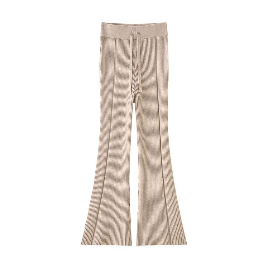 High Rise Plain Ribbed Flared Knit Pants Product Image