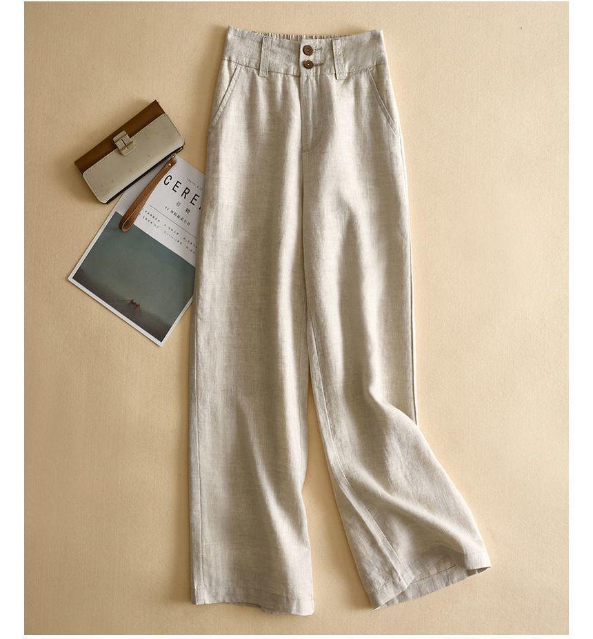 High Waist Linen Plain Wide Leg Pants Product Image