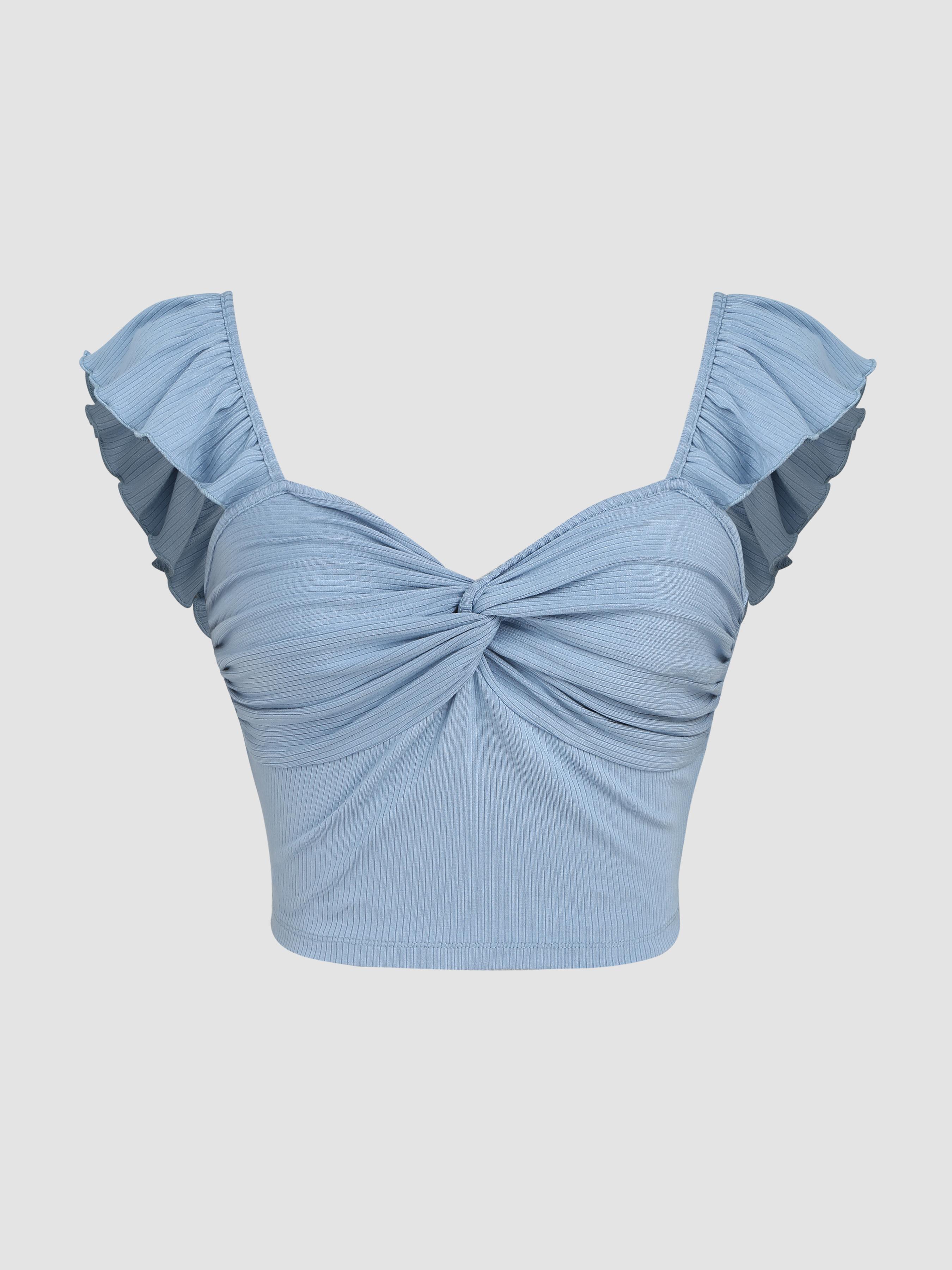 Solid Twist Ruffle Sleeve Crop Top Product Image