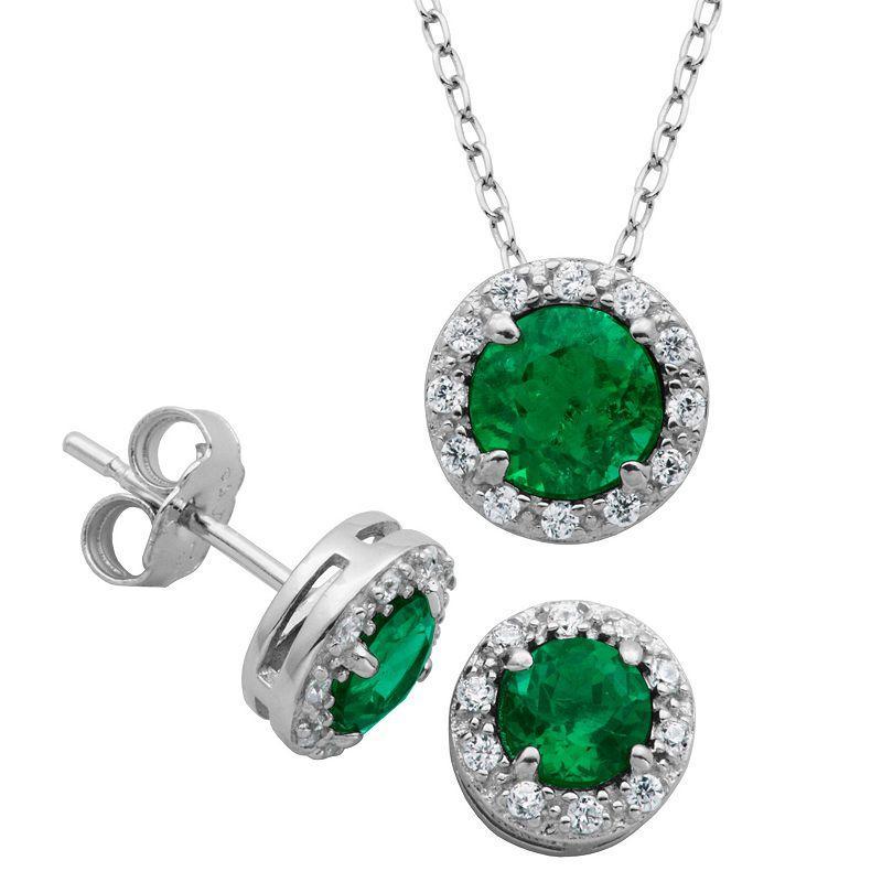 Sterling Silver Lab-Created Emerald & Cubic Zirconia Halo Pendant Necklace & Stud Earrings Set, Womens Product Image