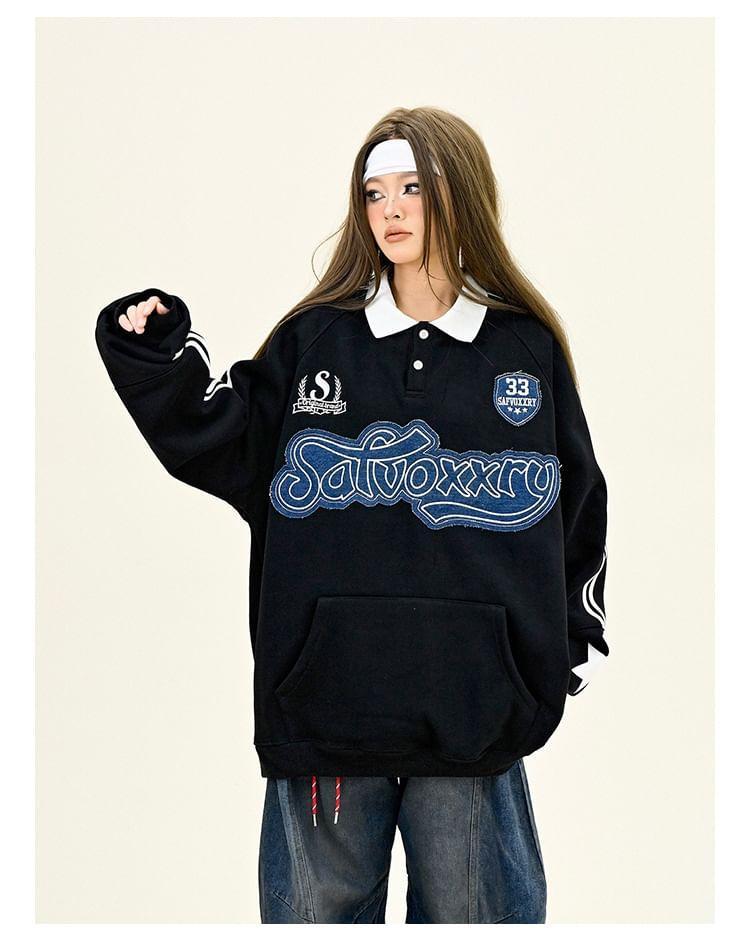 Polo Collar Lettering Embroidered Oversized Sweatshirt Product Image