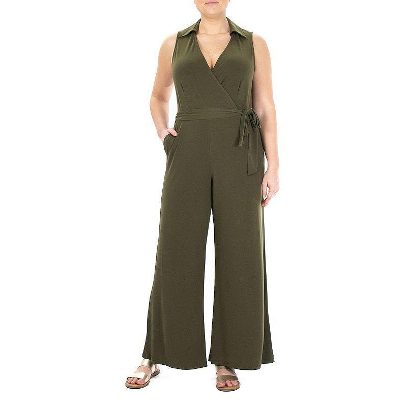 Womens Nina Leonard Surplice Wide-Leg Jumpsuit Dark Green Product Image