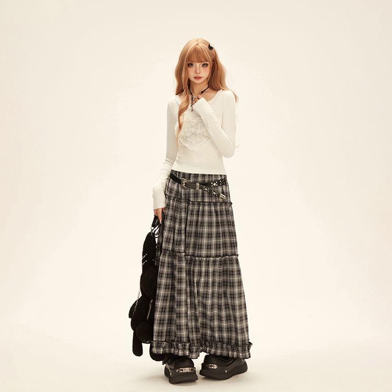 High Rise Ruffle Trim Plaid A-Line Maxi Skirt Product Image