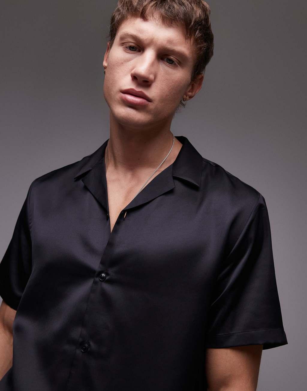 Topman short sleeve satin shirt in black Product Image