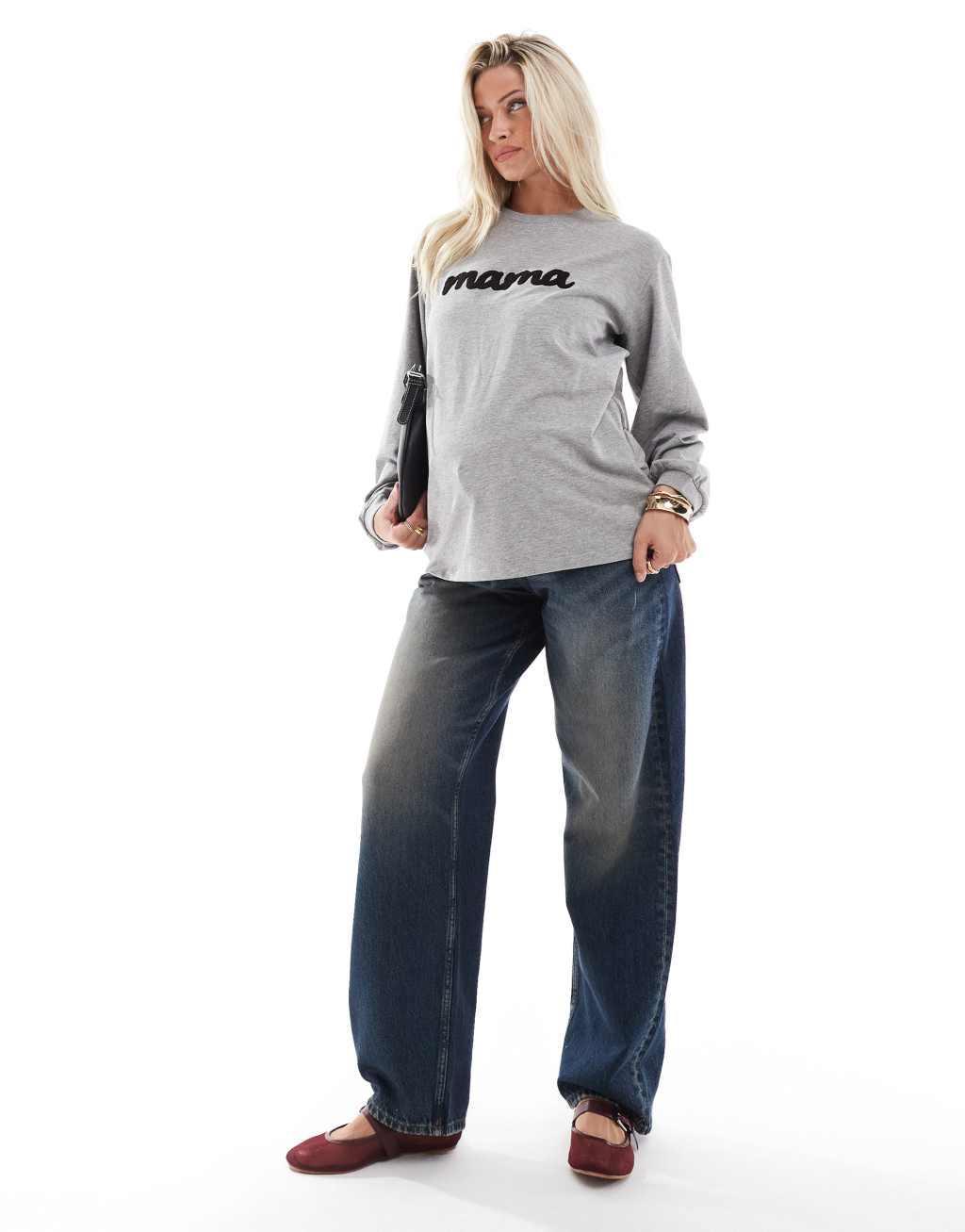 Mamalicious Maternity nursing sweatshirt with applique 'Mama' logo in gray melange Product Image