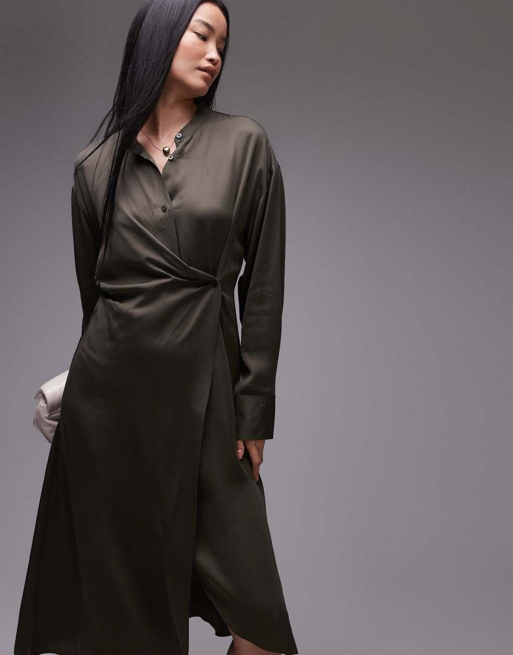 ARKET midi shirt dress with asymmetric drape detail in khaki green Product Image