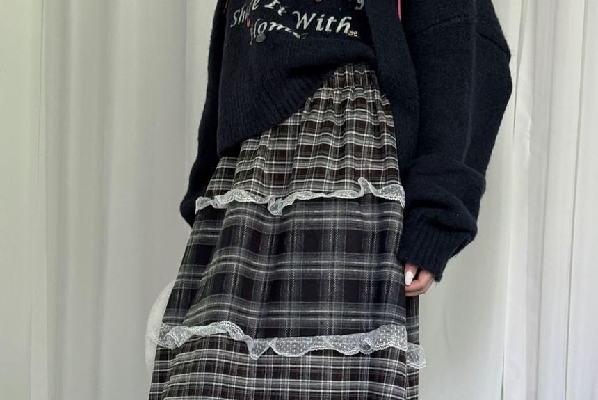 High Waist Plaid Maxi A-Line Tiered Skirt Product Image