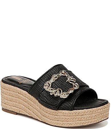 Sam Edelman Celia Raffia Embellished Buckle Detail Platform Wedge Espadrille Slide Sandals Product Image