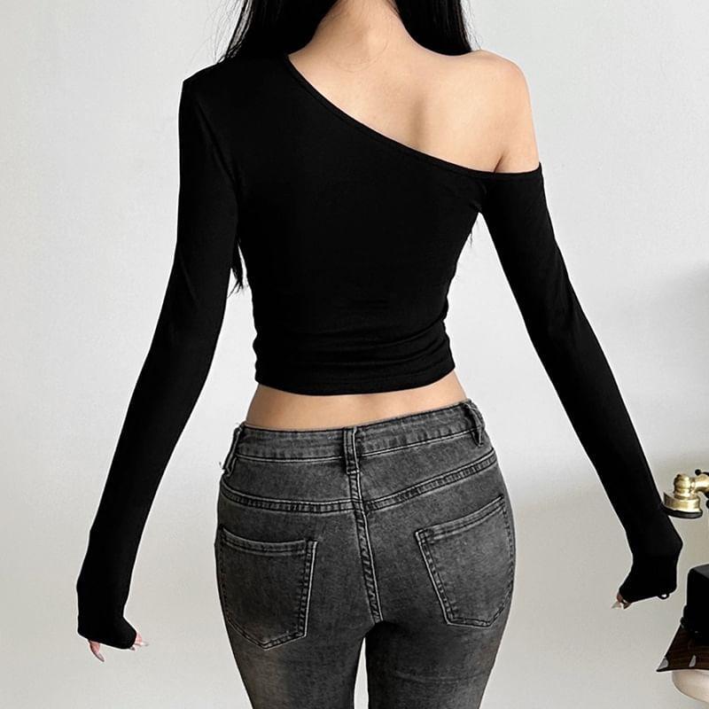 Long-Sleeve Off-Shoulder Lettering Rhinestone Slim Fit Crop Top Product Image