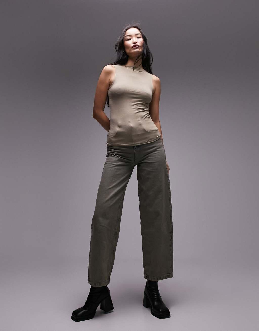 Topshop slash neck tank in khaki Product Image