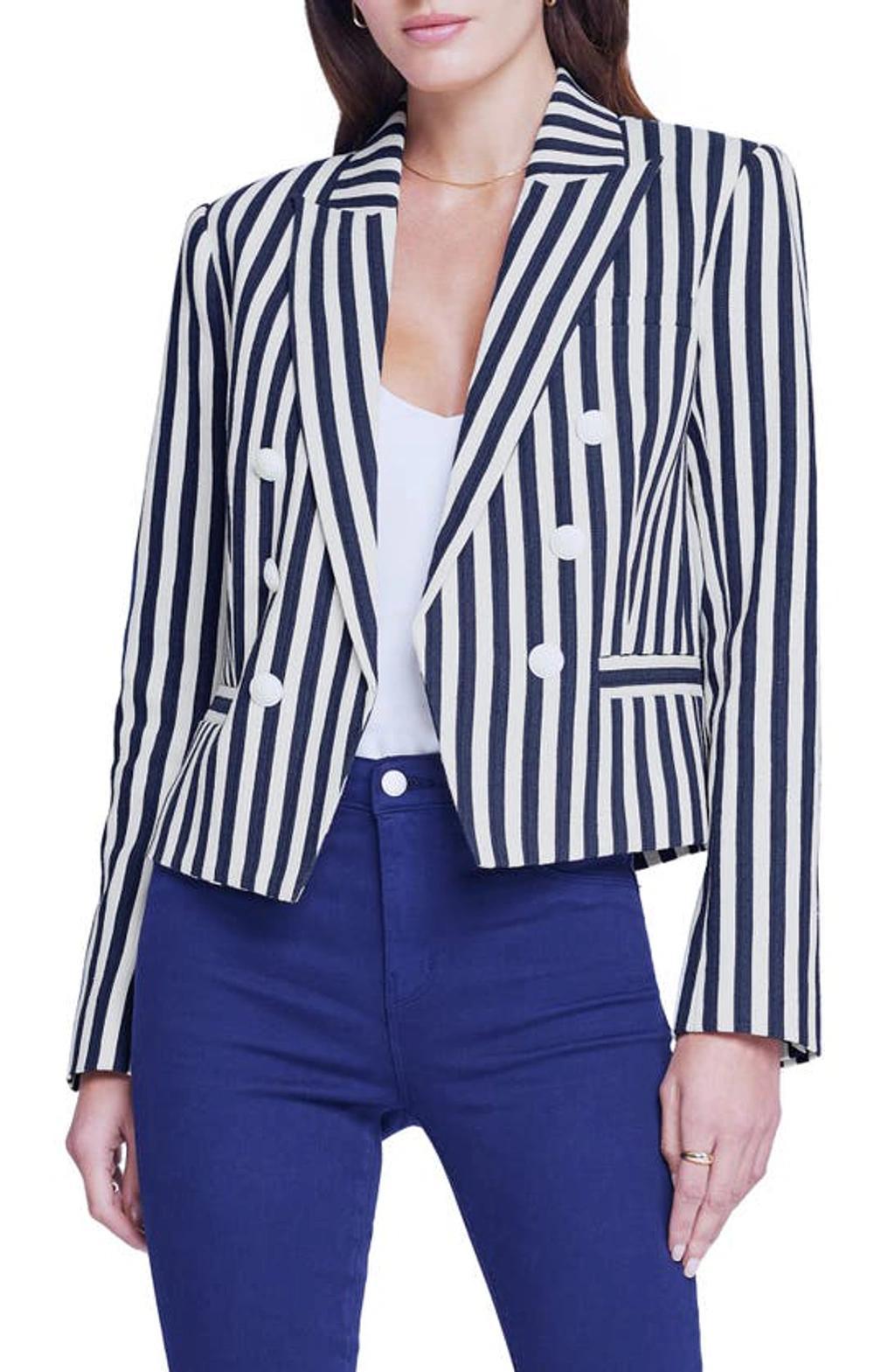 Brooke Striped Cropped Blazer In Navy Ecru Stripe Product Image