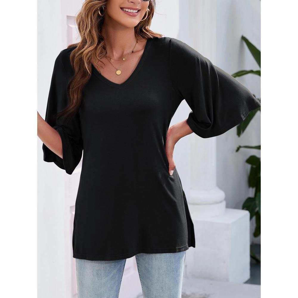 MISSKY Women's 3/4 Bell Sleeve V Neck Loose Fit Tunic Tops Product Image