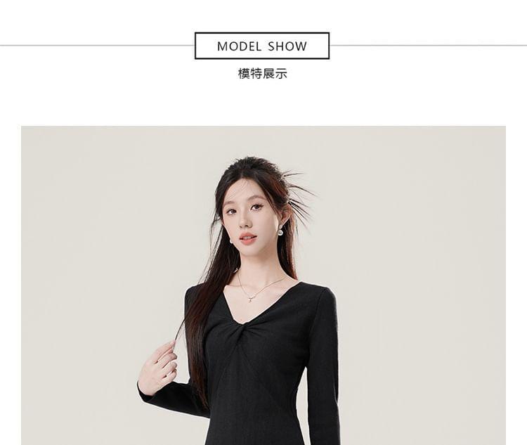 Long Sleeve V-Neck Plain Twist Knit Midi A-Line Dress Product Image