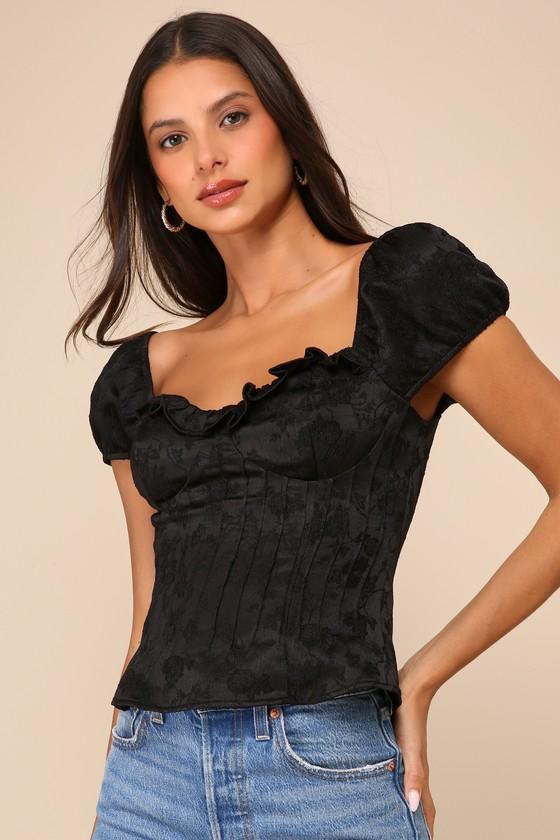 Sweet Poise Black Floral Jacquard Lace-Up Puff Sleeve Top Product Image