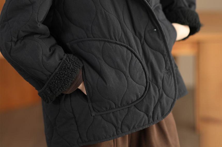 Plain Hooded Quilted Fleece-Lined Button-Up Jacket Product Image