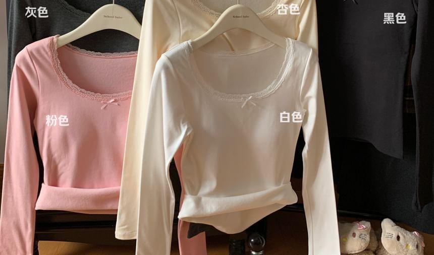 Long Sleeve Square Neck Plain Lace Trim Fleece Lined Top Product Image