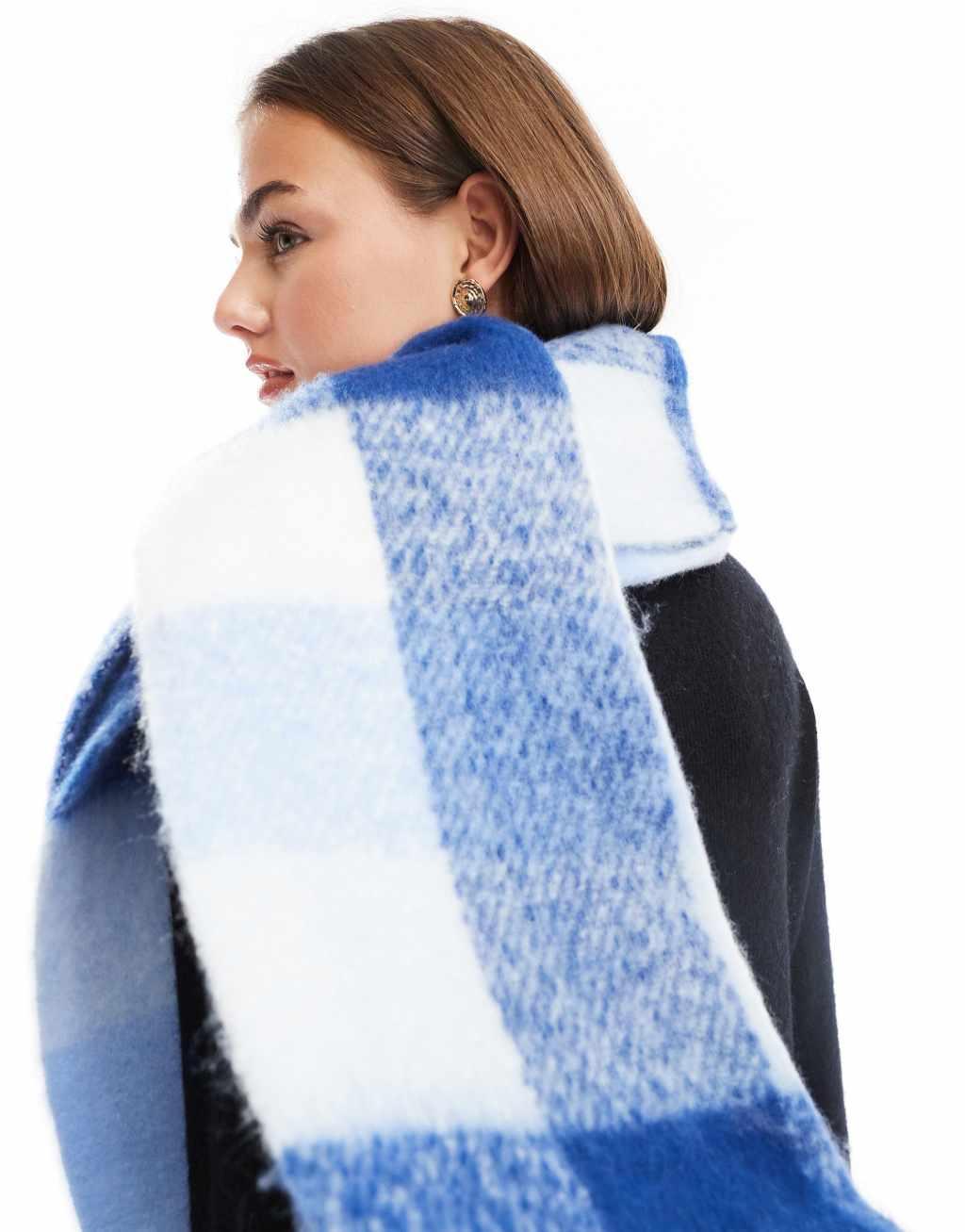 Pieces super soft tassel scarf in calming blue check Product Image