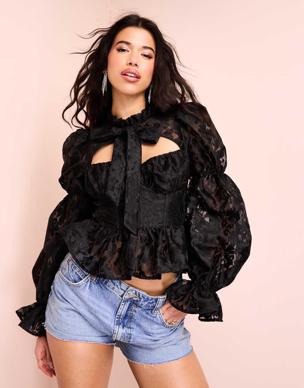 ASOS LUXE pussy bow puff sleeve lace top in black product image