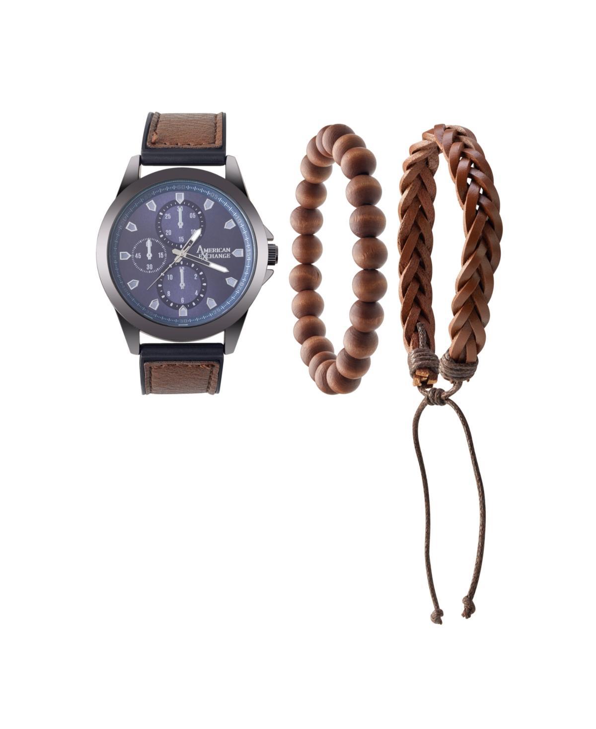 American Exchange Mens Quartz Movement Brown Leather Analog Watch, 47mm and Stackable Bracelet Set with Zippered Pouch - Brown Product Image