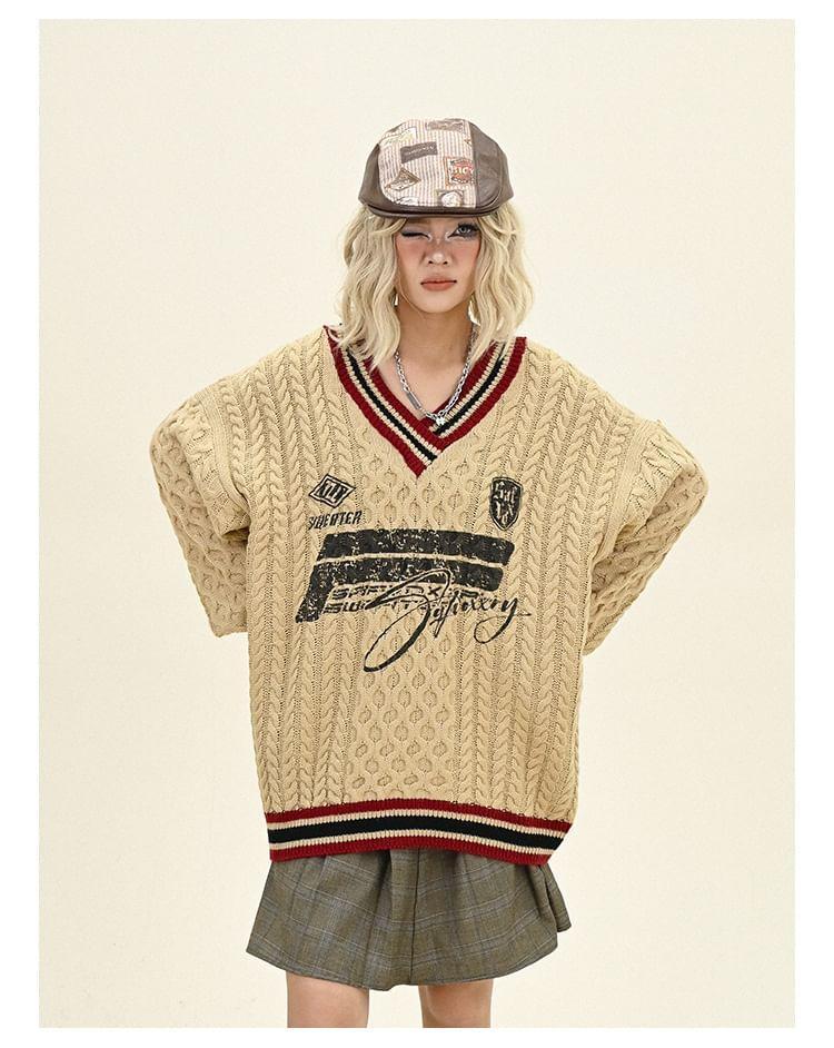 V-Neck Lettering Print Striped Cable Knit Sweater Product Image