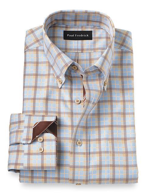 Non-Iron Cotton Check Dress Shirt With Contrast Trim - Blue/melon Product Image