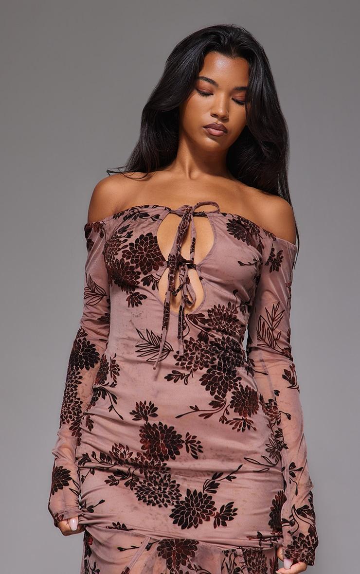 Brown Floral Print Devore Off The Shoulder Long Sleeve Maxi Dress Product Image