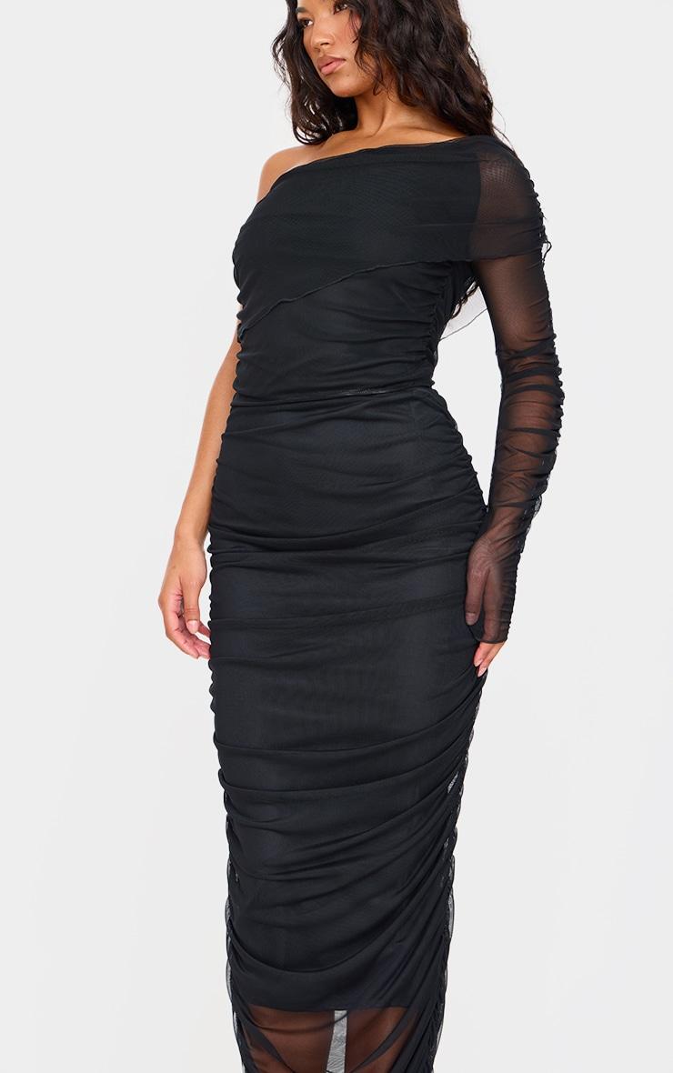 Black Mesh Bardot One Sleeve Maxi Dress Product Image