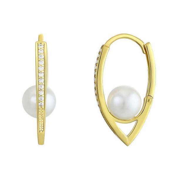 14K Gold over Sterling Silver CZ & Simulated Pearl Huggie Hoop Earrings, Womens Product Image