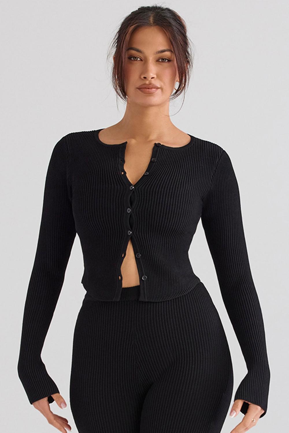 Sylvia Black Ribbed Knit Cardigan Product Image