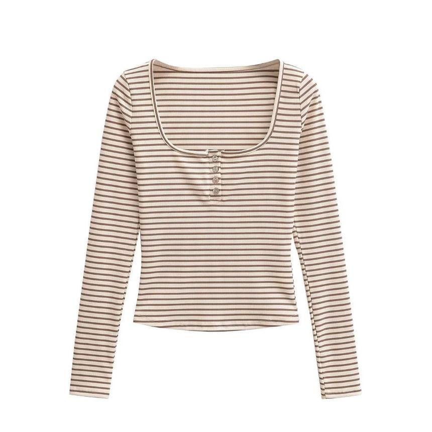 Long-Sleeve Square-Neck Striped Henley T-Shirt Product Image