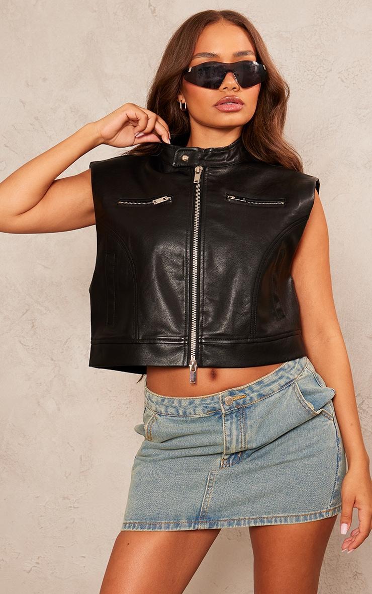 Petite Black Sleeveless Collared Faux Leather Vest Product Image