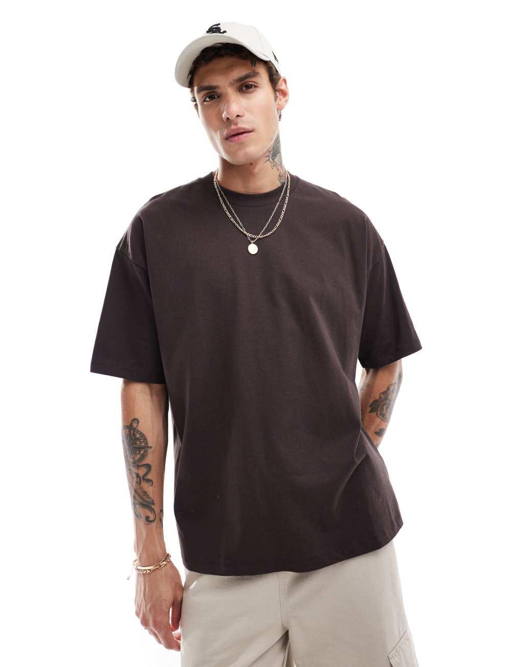 ASOS DESIGN oversized t-shirt with cafe back print in brown Product Image